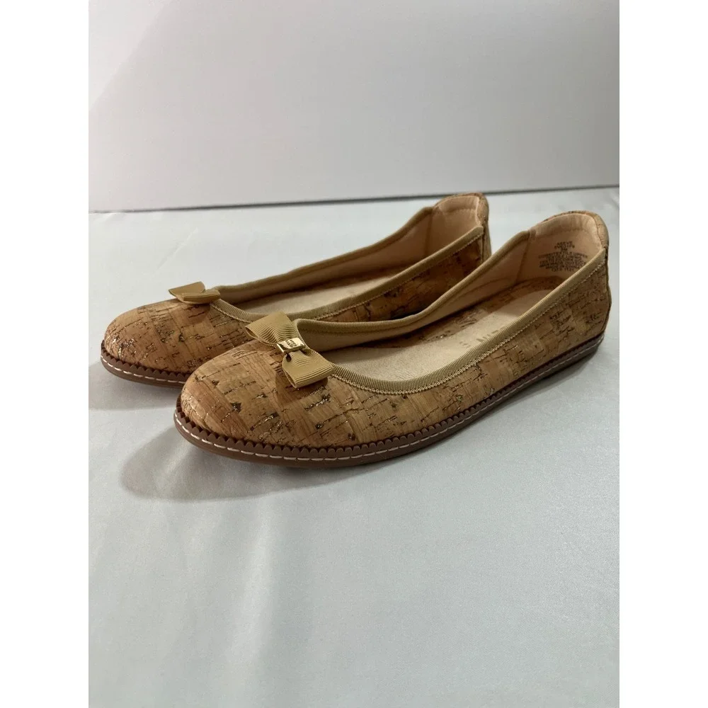 Anne Klein Akeve Cork Ballet Flats Women 8M Gold Metallic Bow Ballet Office Wear